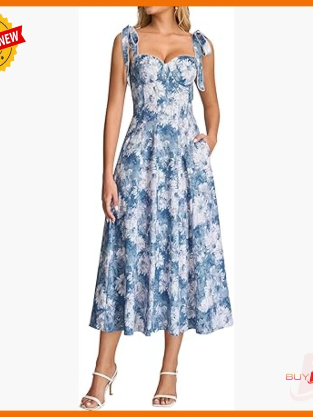 Floral Corset Midi Dress with Pockets, Tie Shoulder, Summer Wedding Guest